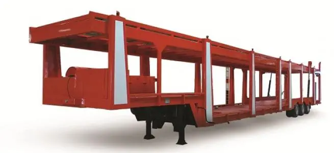 A red trailer with two levels on the back.