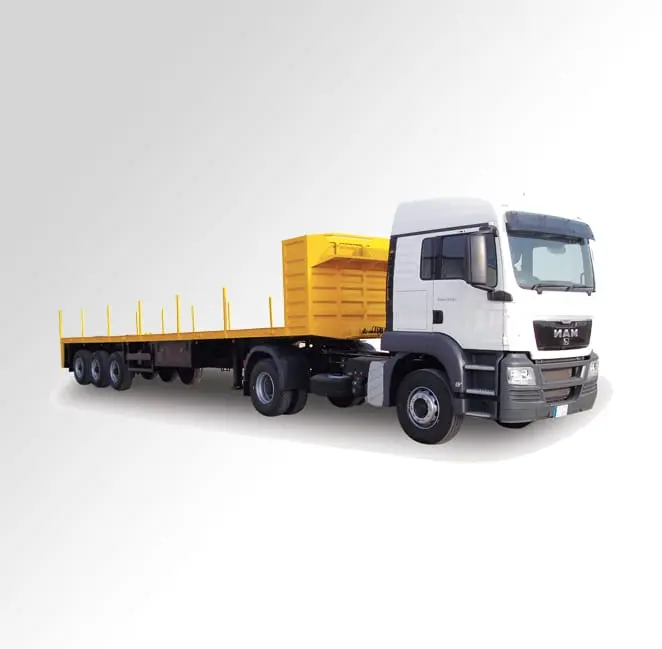 A truck with a yellow trailer on the back.